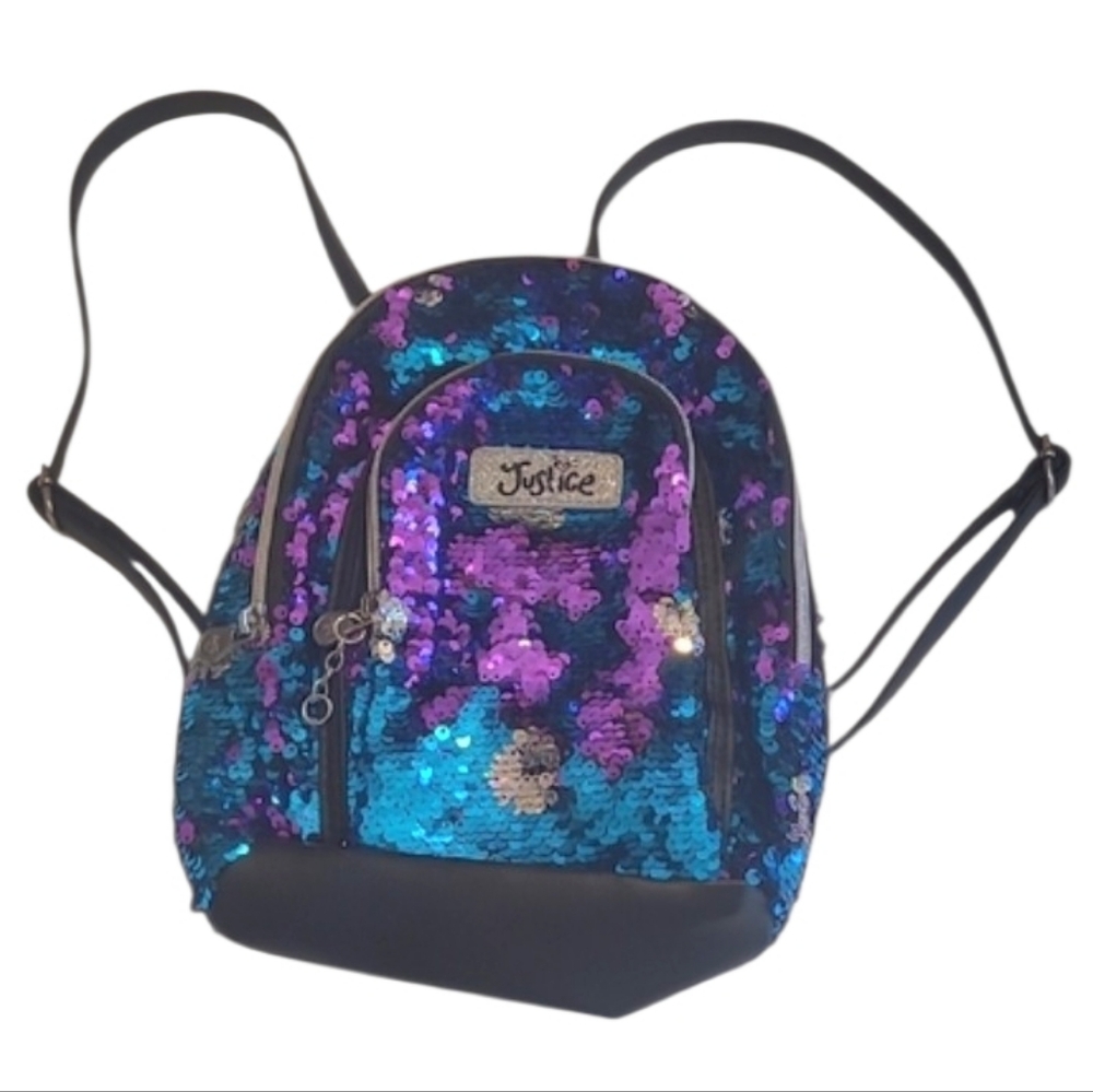 Justice Zip Around Sequin Backpack Blue Purple Silver Mini Bookbag Packsack Bag